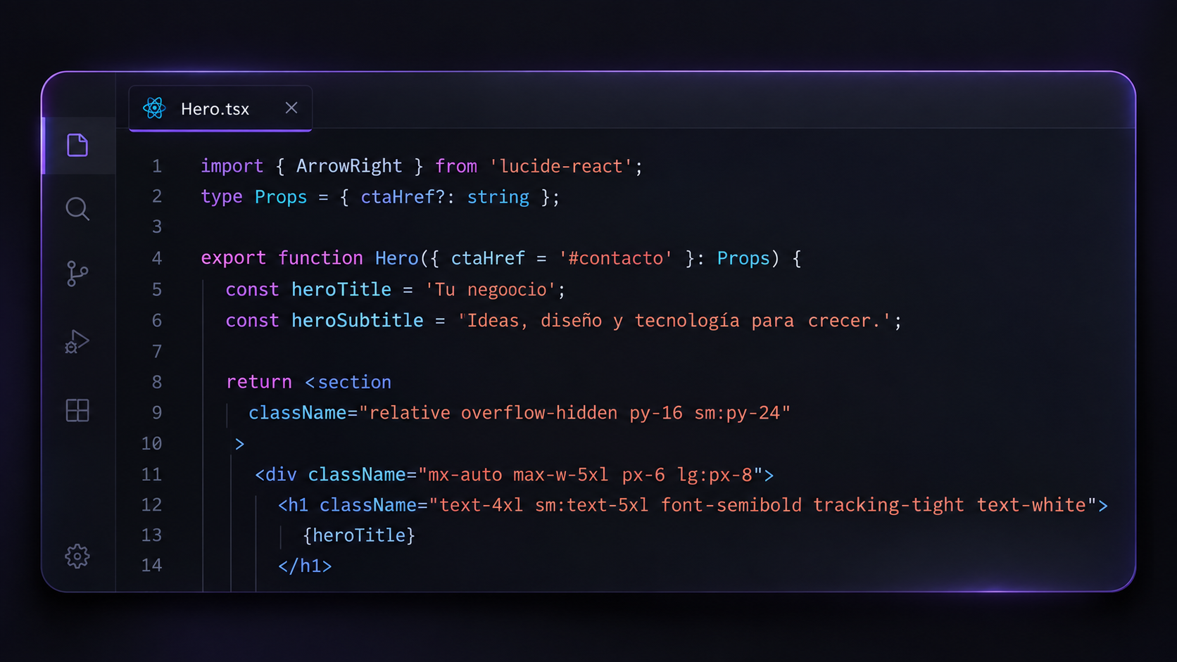 Editor de código con un componente React y el título Tu negocio