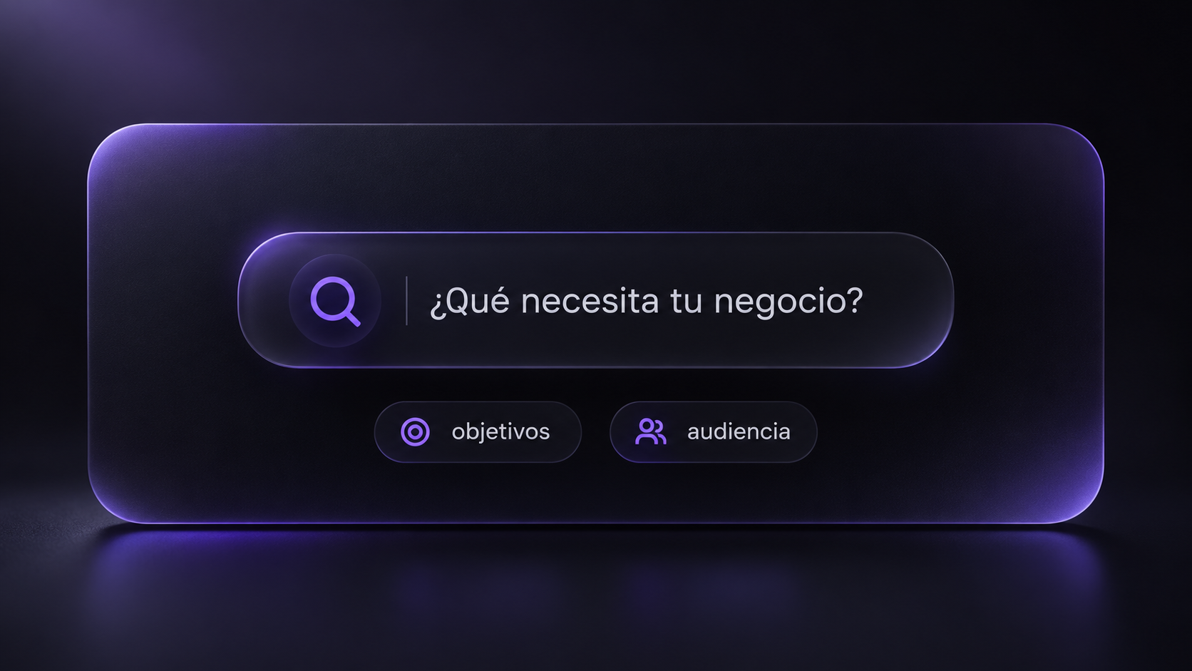 Interfaz de descubrimiento con la pregunta Qué necesita tu negocio y etiquetas de objetivos y audiencia