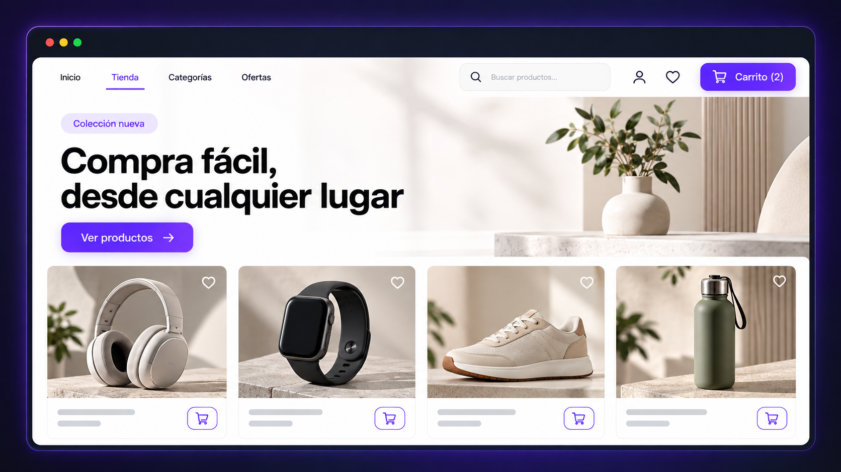 Tienda en línea con productos, colección nueva y botón para ver productos