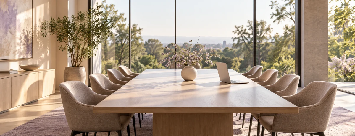 Sala de juntas luminosa con una computadora sobre la mesa