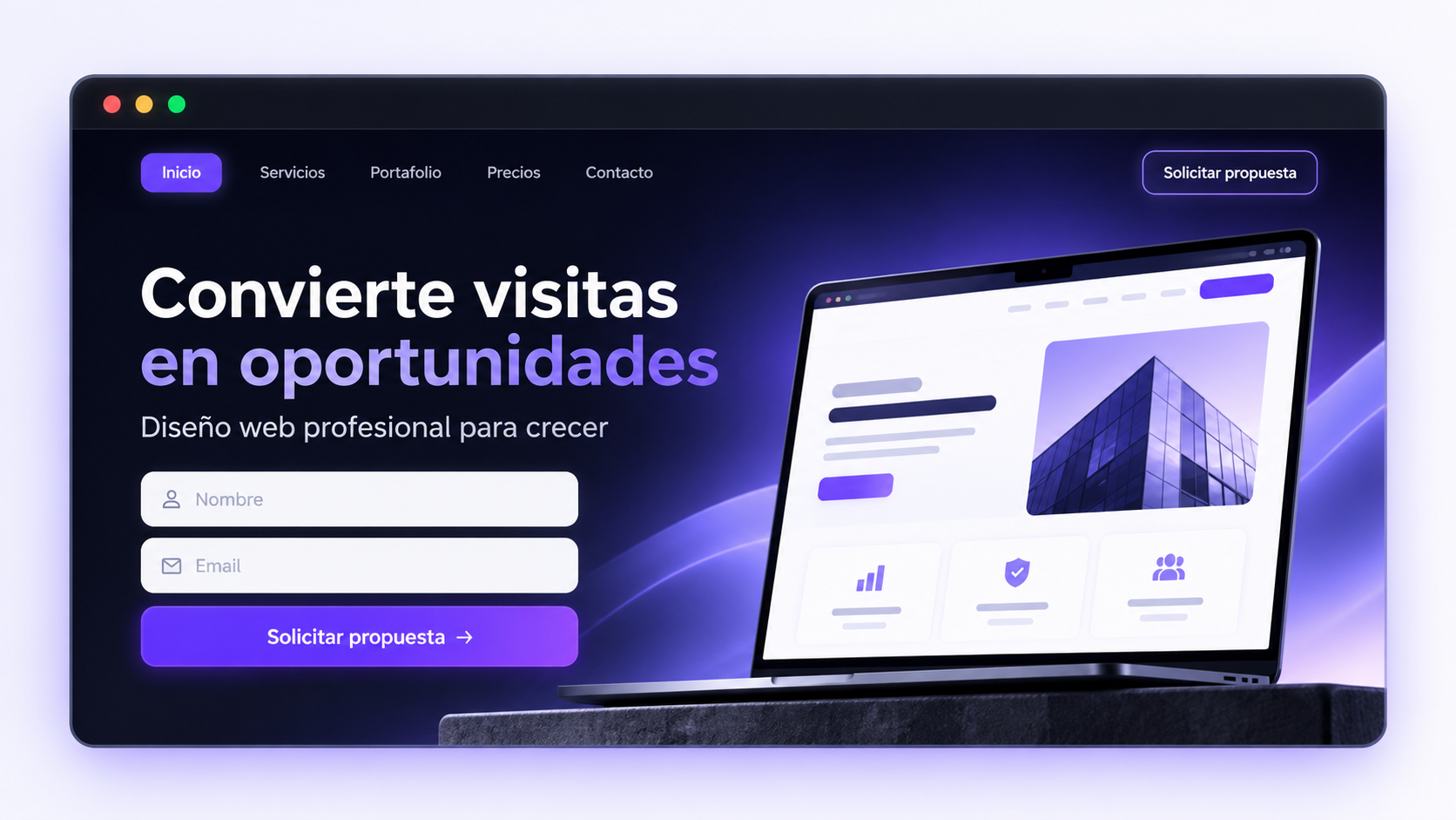 Sitio web de captación con el mensaje Convierte visitas en oportunidades y un formulario de contacto
