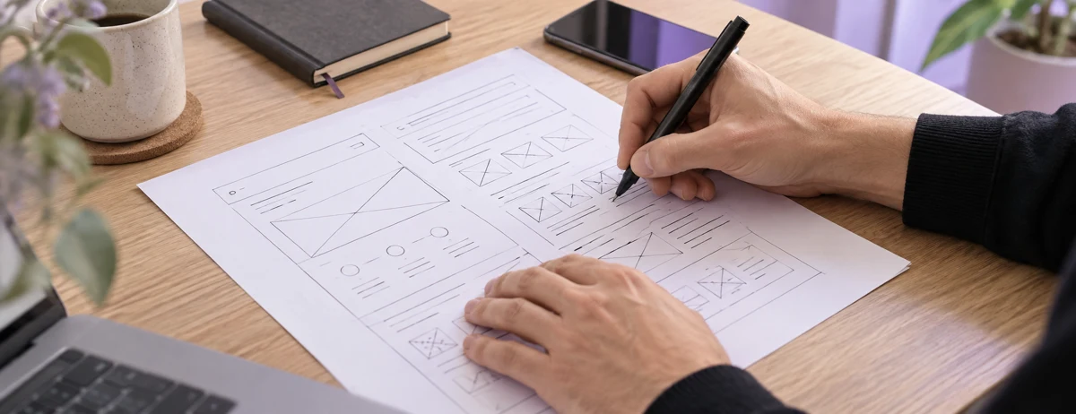 Diseñador dibujando la estructura de un sitio web en papel